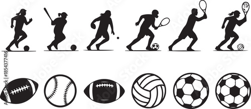 Silhouettes of athletes playing different sports and a collection of various sports balls