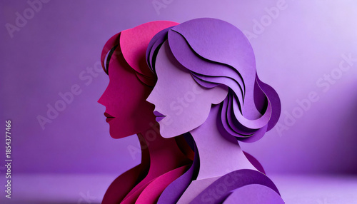 Two female paper cut portraits in purple and pink, abstract layered silhouette art with modern minimalist design. Stylized profile figures, elegant curls, and vibrant color gradients.