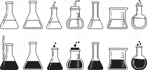 Set of scientific laboratory glassware icons in line art and solid fill styles