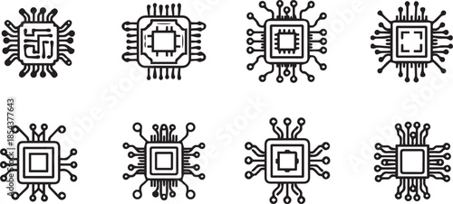 A set of eight outline icons depicting microchips and electronic components for technology concepts