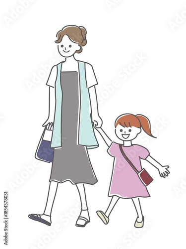 ママと娘が手をつないで歩いているイラスト