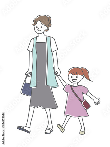 ママと娘が手をつないで歩いているイラスト