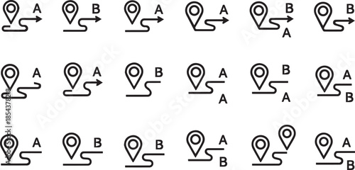 A collection of navigation icons showing point a to point b routes and location pins