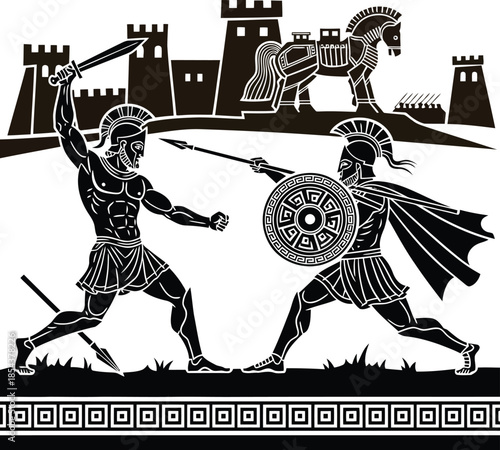 Ancient greek warriors battle fiercely with spears and swords near castle silhouette and trojan horse vector