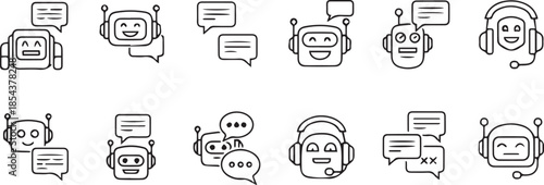 A collection of line art icons depicting chatbots and customer support services