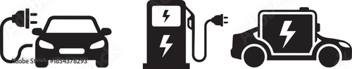Electric vehicle charging station and battery icon set for sustainable transport solution