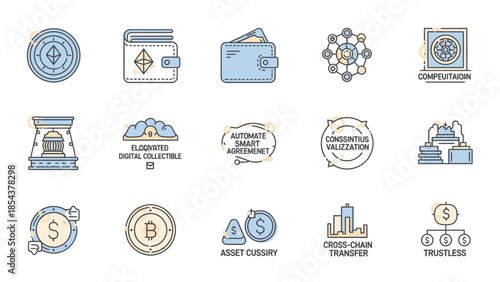Cryptocurrency and blockchain icons for modern financial concepts