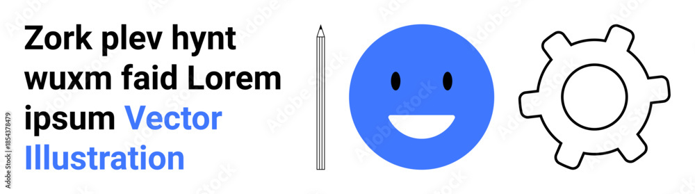 Fototapeta premium Creativity, digital design, technology, communication, user interface, teamwork. Blue smiling face, gear icon and pencil in a minimal design. Creativity and digital design concept