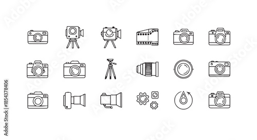A collection of detailed outline icons for photography and videography equipment and accessories