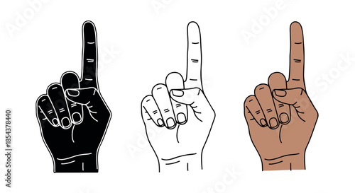 Three illustrations of a hand showing the number one gesture in different artistic styles