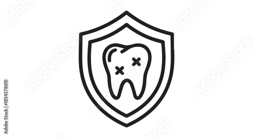 A black and white icon illustrating a tooth inside a shield representing dental health protection and care
