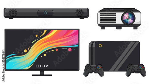 Modern Home Entertainment System with LED TV, Projector, and Gaming Console