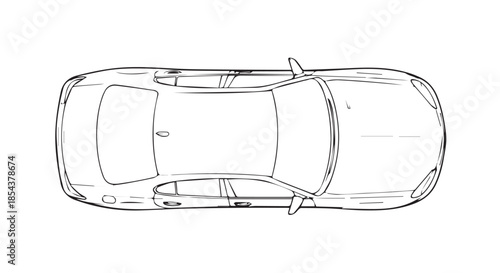 Black and white top view line art illustration of a sleek modern sedan car