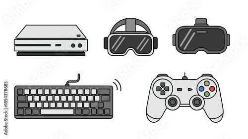 Collection of modern gaming devices including a console, VR headset, keyboard, and controller