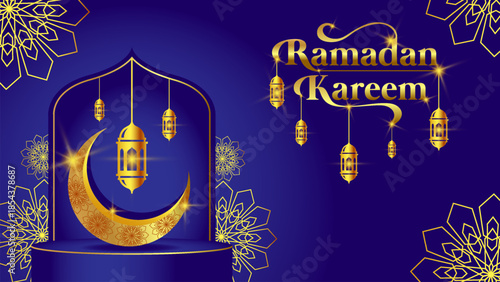 Ramadan Kareem celebration with golden lanterns and crescent moon