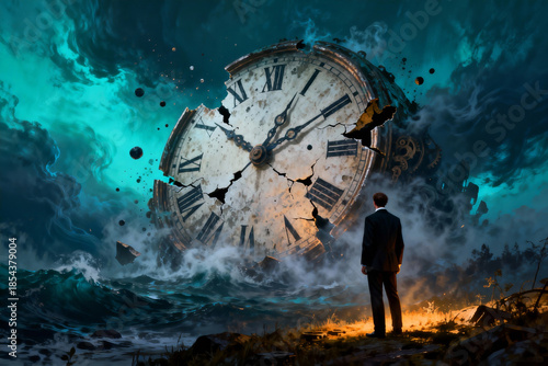 A lone businessman in a suit stands by a shattered giant clock amidst turbulent ocean waves, stormy skies, and teal clouds, creating a surreal, mysterious atmosphere.