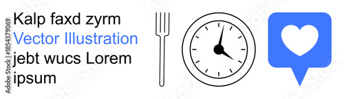 Time management, food consumption, social interaction, healthy habits, digital communication, lifestyle planning. Features a fork, clock and heart-chat icon. s time management and food consumption