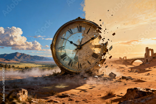 A broken antique clock with Roman numerals lies in a desert, amidst ancient ruins and a sunset. Surreal scene with surreal destruction, timepiece fragments, and a golden sky.