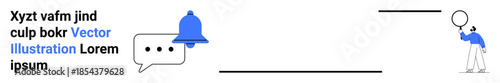 Speech bubble with dots, blue notification bell, and figure holding a balloon convey interaction, alert, exploration themes. Ideal for communication, UXUI design, marketing, education technology