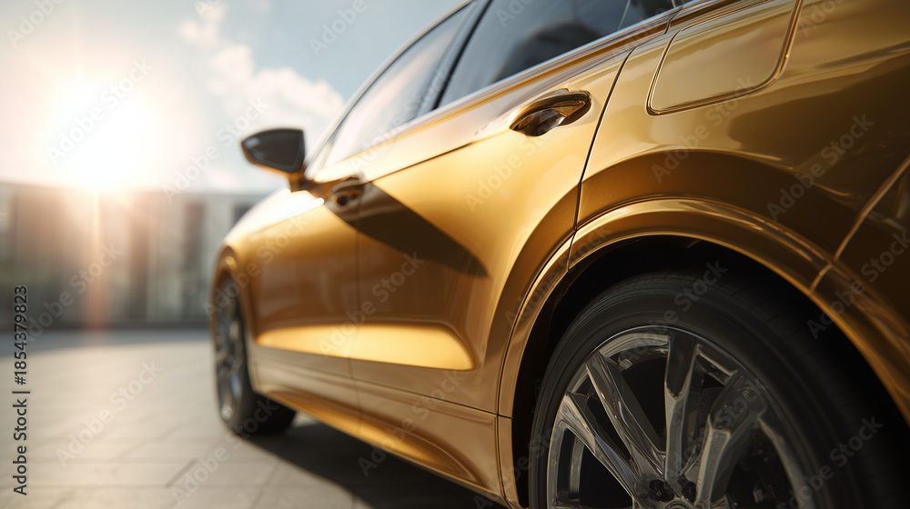 Fototapeta premium Gold colored car parked in a clean minimal setting with glossy metallic surface and elegant reflections, symbolizing luxury, wealth, and modern automotive design.