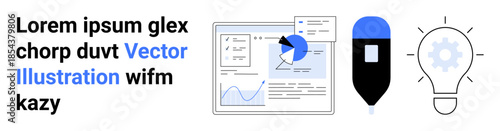 Data analytics, business strategy, creative thinking, technology solutions, idea generation, education tools. Analytics dashboard, pen and light bulb icon. Data analytics and business strategy