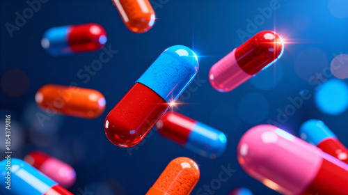 3D rendering of colorful pharmaceutical pills and capsules floating against a blue background, symbolizing healthcare, medicine, and medical innovation.
