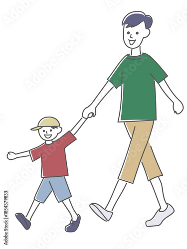 パパと息子が手をつないで歩いているイラスト