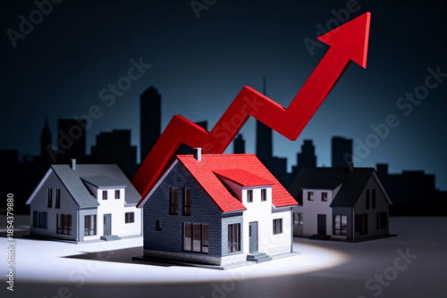 Model houses in front of a city skyline with a rising red arrow, illustrating real estate market growth, property price increase, and urban development trends.