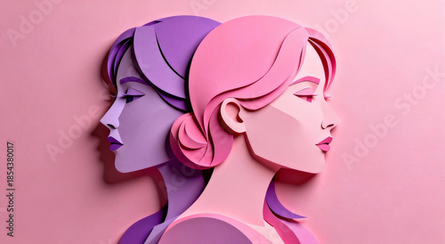 Two stylized female figures in profile using paper art/papercut technique. Vibrant pink and purple tones, minimalist flat design, abstract portrait illustration.