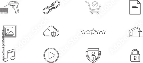 A collection of 10 simple black and white icons on a white background