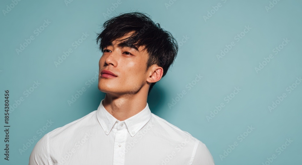 Fototapeta premium Young man with dark hair in white shirt against blue background.