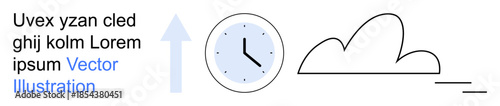 Time management, productivity, progress, weather forecasting, simplicity, abstract design. Clock with an arrow pointing upward near a cloud. Time management and productivity concept