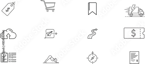 A collection of 12 low resolution black and white icons or graphics