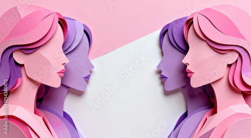 Two stylized paper art portraits of women with pink and purple layered hair, in profile, showcasing a minimalist, flat design aesthetic with modern color blocking.