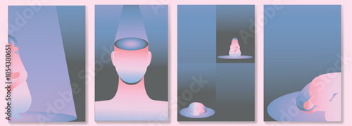 Set abstract posters medication, depression, mental exhaustion, emotional numbness, burnout, and loss of focus, anxiety, loneliness, fear,. Mental health concept for therapy and psychology topics.