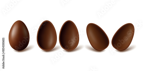 Vector 3d Chocolate Eggs Set. Realistic Chocolate Egg Vector Illustration. Glossy Brown Candy Eggs in Different Angles, Isolated. Easter Packaging Design Template, Chocolate Egg