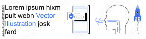 Technology, communication, authentication systems, artificial intelligence, data security, internet applications. A mobile phone with a lock shield, a silhouette breathing and a rocket. Technology