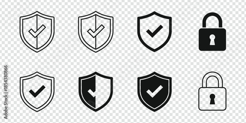Set of security shield icons, security shields logotypes with check mark and padlock. Security shield symbols Vector design