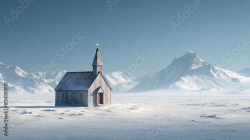 A solitary church standing in the vast Antarctic snowfield, surrounded by endless ice and polar silence, symbolizing faith and isolation in one of the world’s most extreme landscapes.