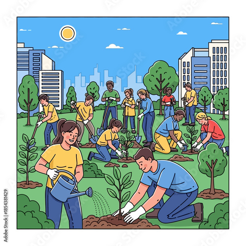 Diverse Community Group Engaged in Collaborative Tree Planting Initiative Within an Urban Park, Promoting Environmental Conservation and Sustainable Green Spaces