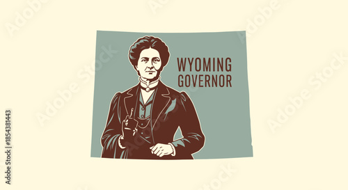 Vintage vector art celebrating a pioneering female political leader from Wyoming, a significant historical figure breaking barriers in American state governance