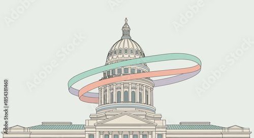 Modern minimalist vector artwork depicting an iconic governmental dome encircled by intertwined vibrant orbits, representing interconnectedness and evolving civic systems