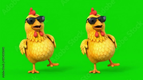 Two 3D Cartoon Chickens Dancing With Sunglasses On Green Screen