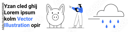 Person holding clipboard pointing toward a piggy bank and raining cloud. Ideal for savings, finance, weather, planning, budgeting, forecasting, minimalistic design for simple landing page