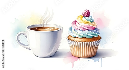 Watercolor Coffee Cup and Delightful Cupcake Illustration for Dessert Lovers