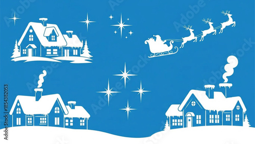Christmas Winter Village Silhouette with Santa Sleigh and Reindeer on Blue Background