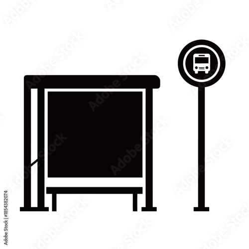 Minimalist bus stop station icon vector illustration in black silhouette style isolated on white background.