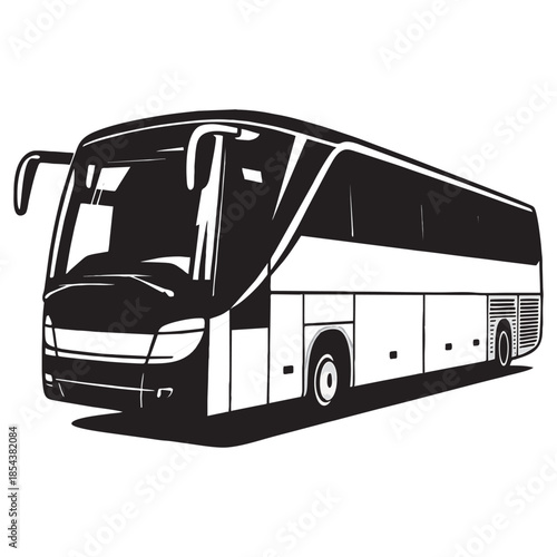 Modern tour bus coach vector illustration in black and white silhouette style isolated on white background.