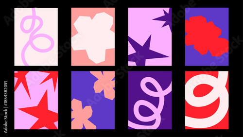 Abstract doodle poster collection with naive shapes and flowing lines. Colorful modern design for posters, prints and digital layouts.