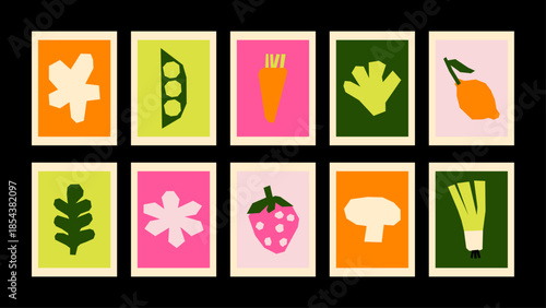 Cute abstract poster set with plants, fruits and vegetables. Colorful doodle cutout shapes, naive paper collage style for wall art and postcards.